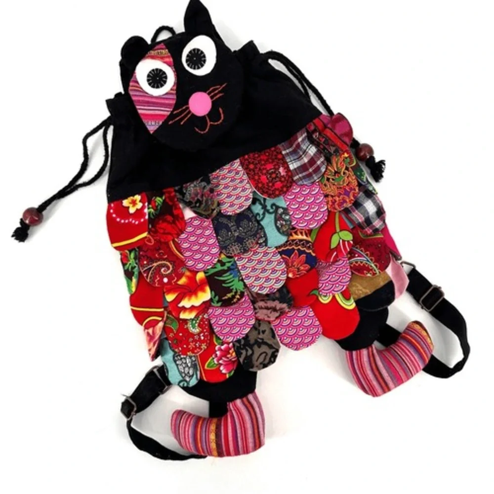 Women's Recycled Handmade Cat Patchwork Backpack BookBag Colorful Artsy‎ Quirky